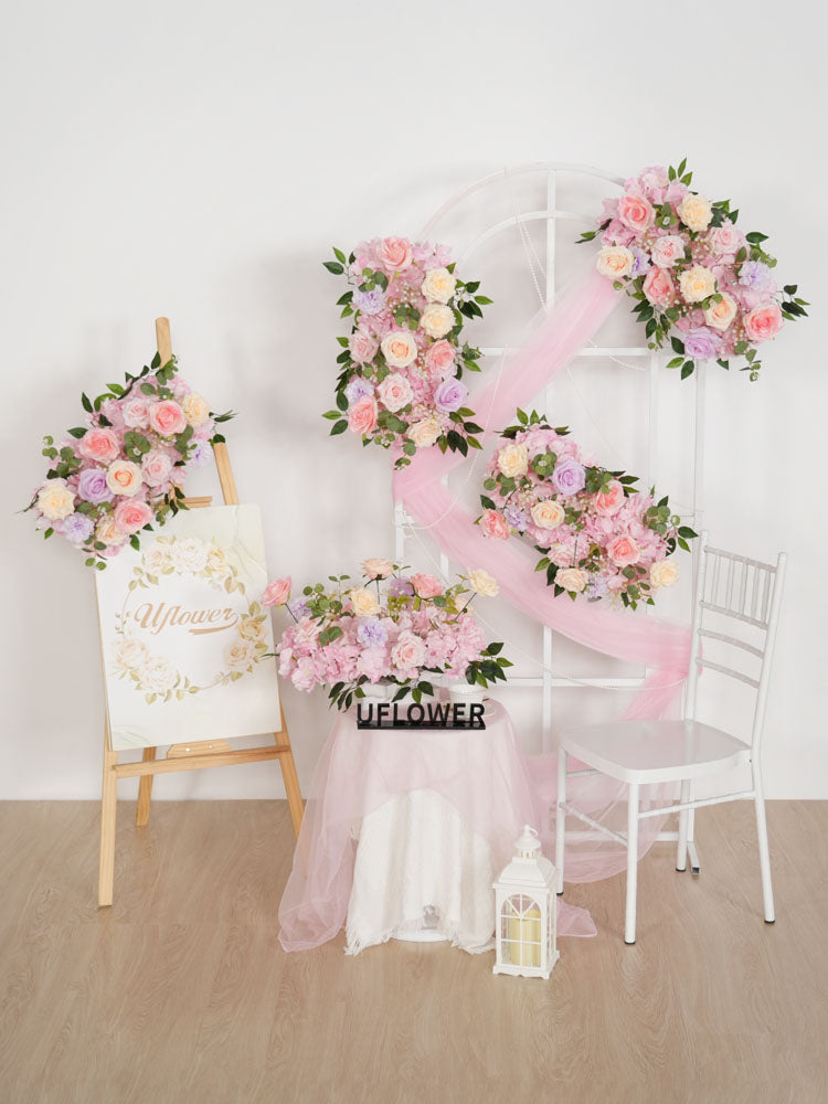 Uflower Artificial Pink Purple Rose Green Leaf Flower Row Wedding KT Backdrop Decor